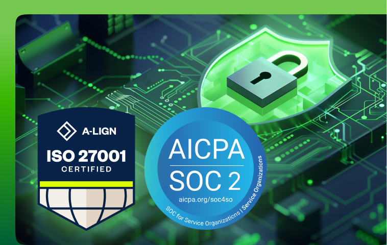 The A-LIGN ISO 27001 Certified badge and AICPA SOC 2 seal set against a green circuit board with a glowing padlock, representing Omnistrate's ISO 27001 certification and annual SOC 2 Type II attestation.