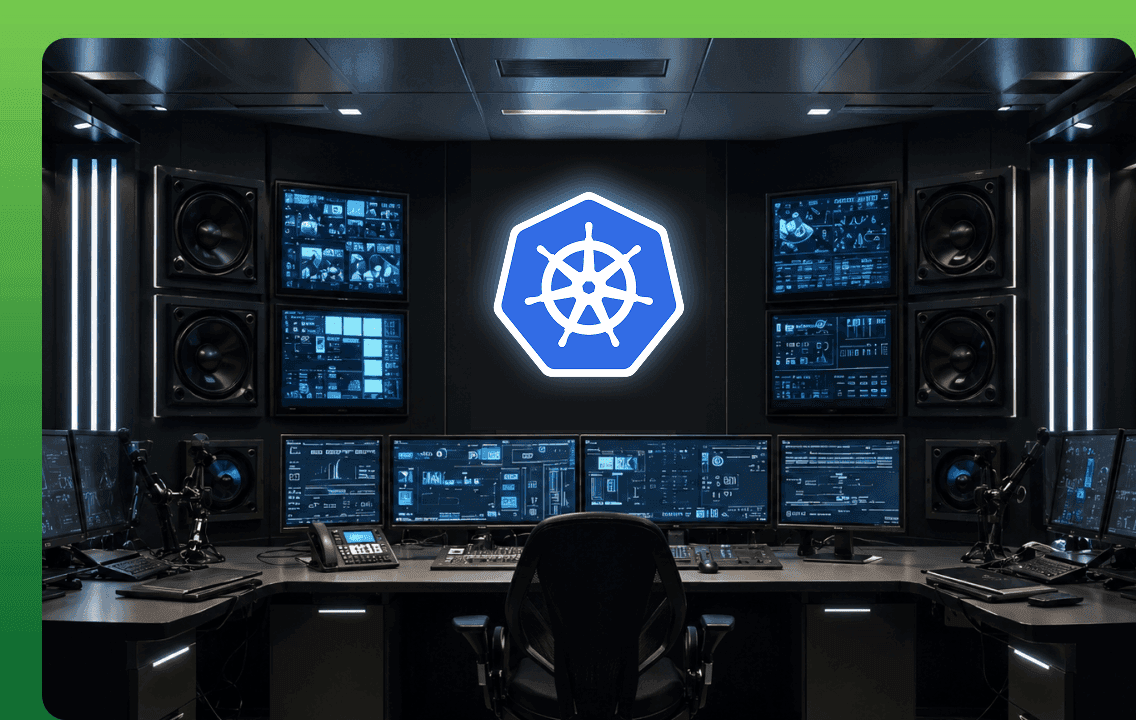 A futuristic command center filled with data monitors and a glowing blue Kubernetes logo on the main wall, symbolizing cluster management and automation.